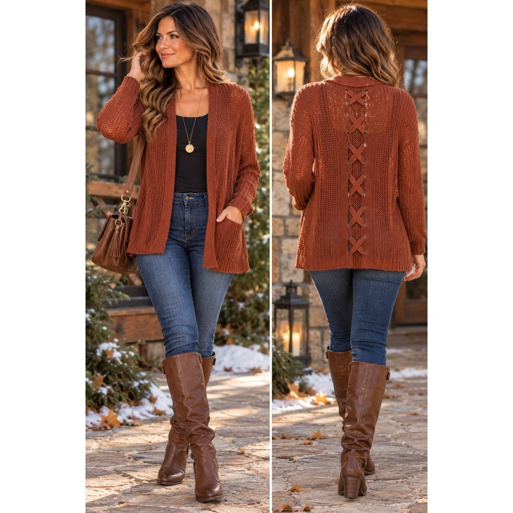 PINQUE Cardigan Sweater M Rust Brown Lace Up Back Open Knit Boho Cottagecore